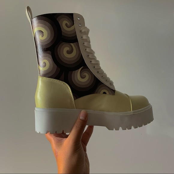 Dolls Kill Shoes - Hand-painted Swirls Leather Platform Combat Boots- Size Aus9